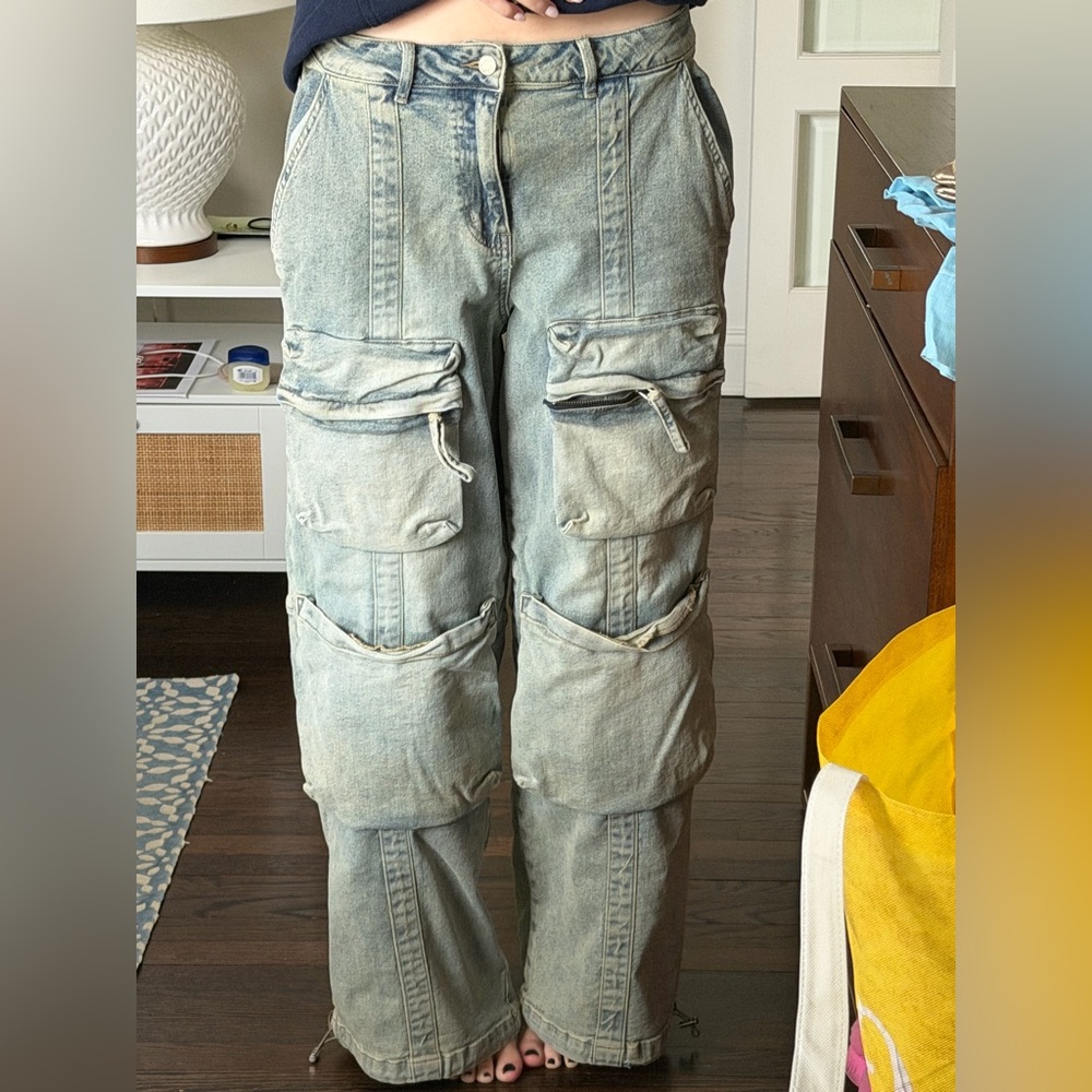 Light Wash Cargo Pants - Faded Green-Blue